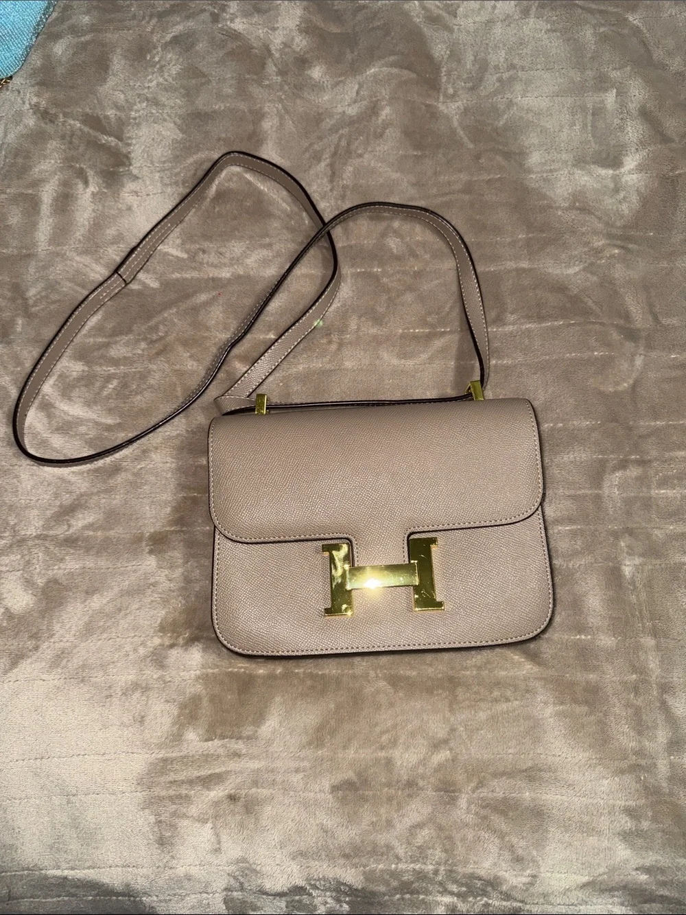 Taupe Leather Crossbody Bag with Gold Hardware